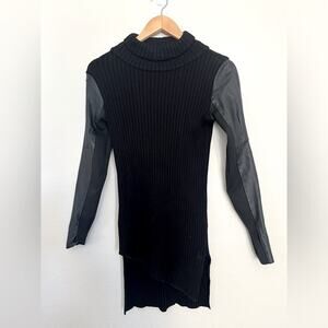 Rudsak black knit leather long sleeve asymmetrical hem mock neck sweater